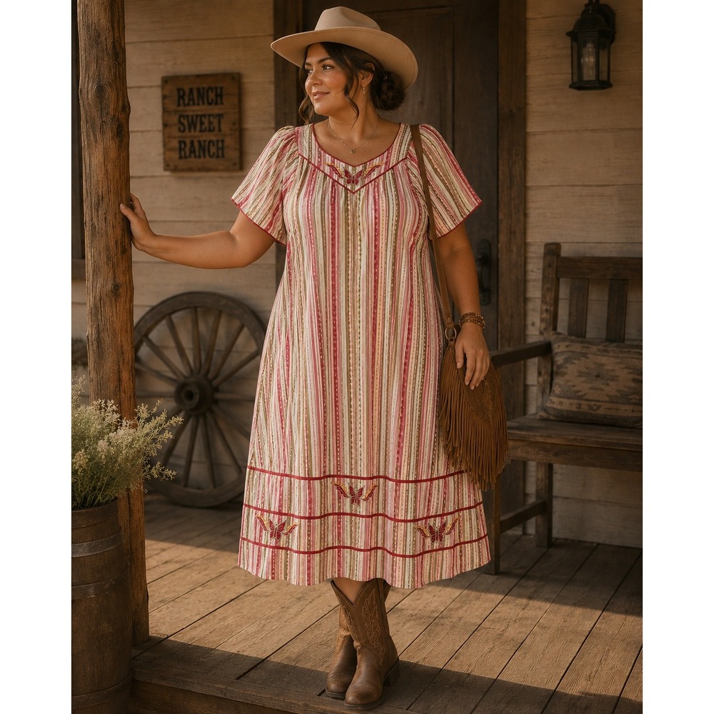 Womens Plus Red Striped Butterfly Seersucker Muumuu House Dress 3X Western Boho